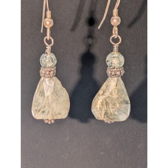 Vintage 925 Sterling Silver Ruff Cut Smoky Rutilated Quartz Dangle Earrings - Picture 2 of 5